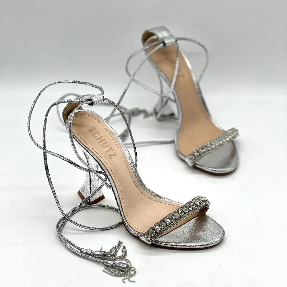 SCHUTZ Bellin Heels Womens 6 Silver Metallic Jeweled Ankle Wrap Strappy Sandal - Picture 1 of 14